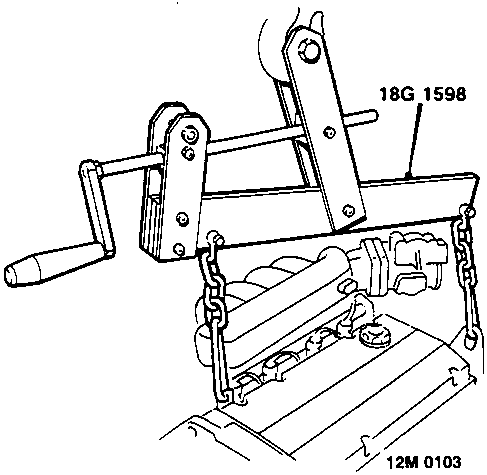 Diagram showing an adjustable lifting bracket 18G 1598 connected to the engine via a hoist and chains.