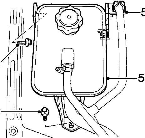 Diagram showing the expansion tank with callout number 56 pointing to three bolts securing it and its bracket to the body.