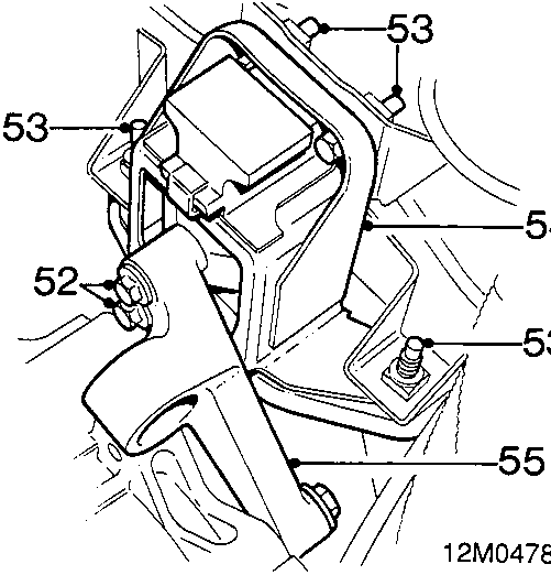 Diagram showing the L.H. engine mounting area with callout numbers 52, 53, 54, and 55 indicating bolts and brackets.