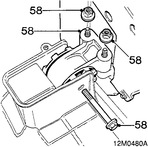 Diagram showing the R.H. engine mounting with callout number 58 pointing to two nuts and a through bolt.