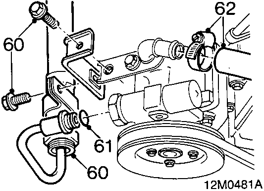 Diagram showing the power steering pump area with callout numbers 60 (bolts), 61 ('O' ring), and 62 (return hose).