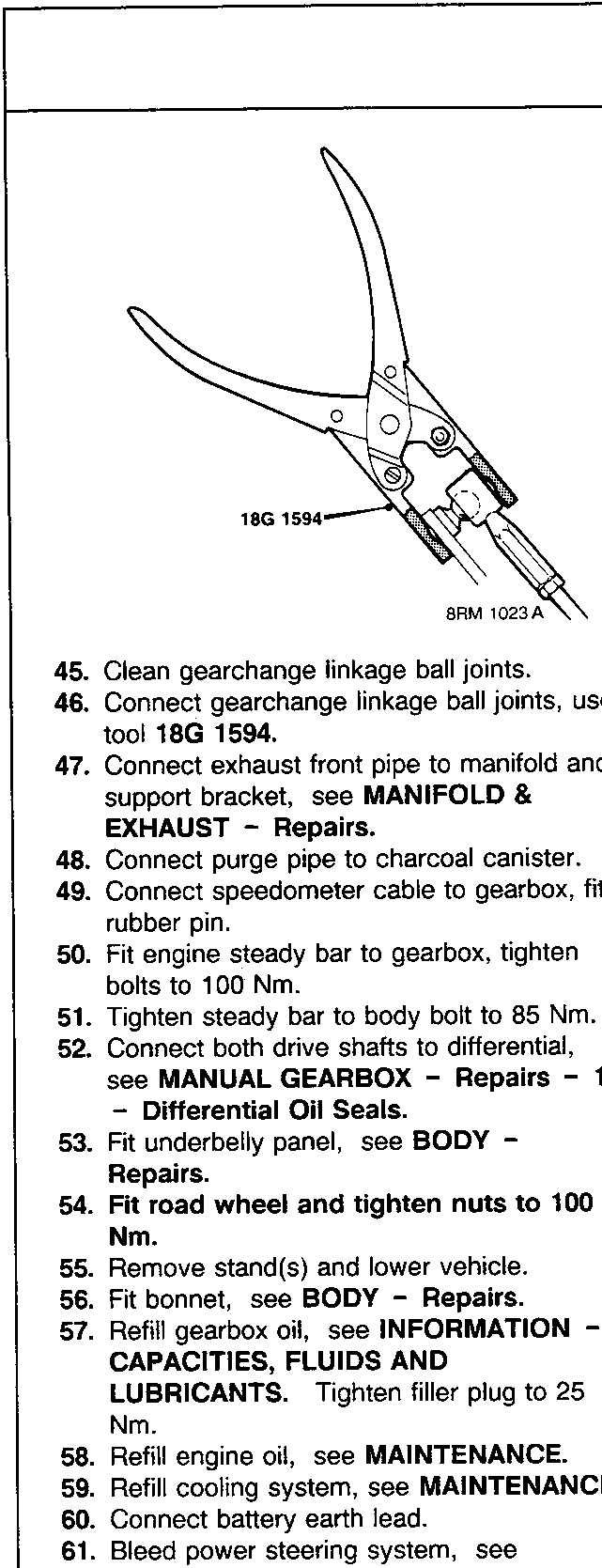 Line drawing of a gearchange linkage ball joint tool labeled 18G 1594 and 8RM 1023 A