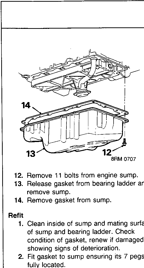 Exploded view of the engine sump showing components labeled 12, 13, and 14