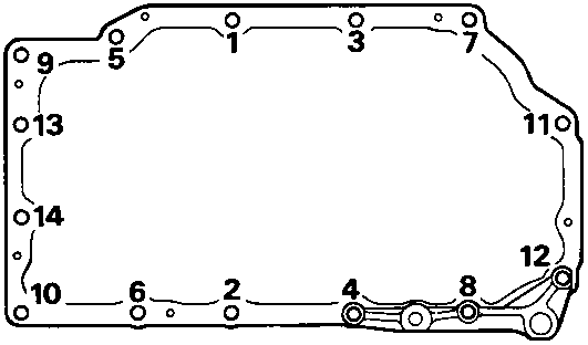 Diagram showing the tightening sequence for sump bolts numbered 1 through 14