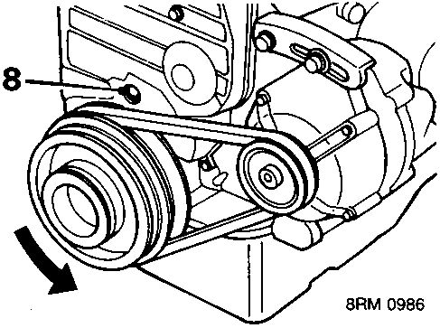 Diagram showing slackening of adjuster bolt and turning of crankshaft to tension timing belt
