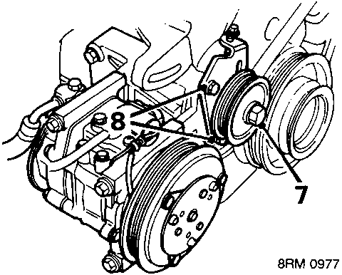 Diagram showing removal of air conditioning compressor adjuster pulley bolt and mounting bracket bolts