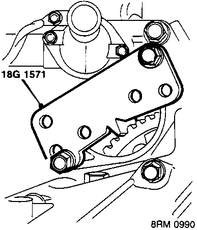 Diagram showing tool 18G 1571 fitted to the engine block near the starter motor aperture