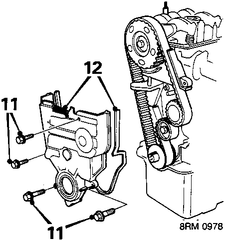 Diagram showing the removal of bolts (11) and the bottom cover (12) from the timing belt assembly