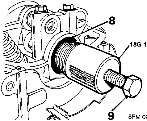 Diagram showing tool 18G 1573 extracting oil seal from camshaft housing, identifying parts 8 and 9