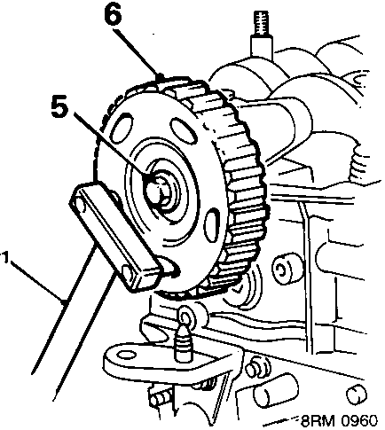 Diagram showing camshaft gear being removed with tool 18G 1521, identifying parts 5 and 6