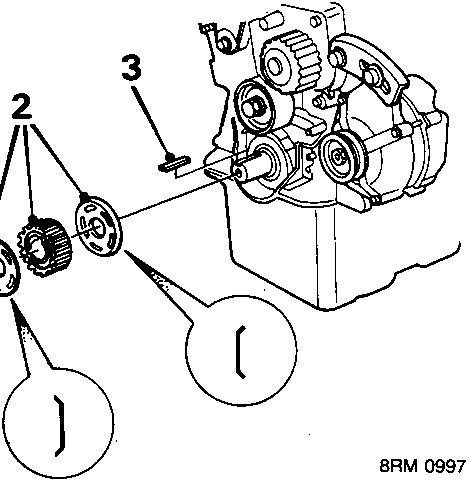 Diagram showing removal of belt guide, crankshaft gear and second belt guide from the engine front