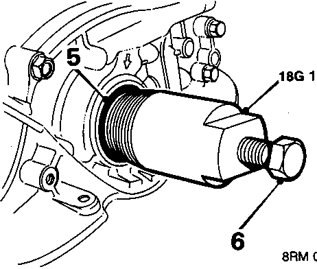 Diagram showing tool 18G 1579 being used to extract the crankshaft front oil seal