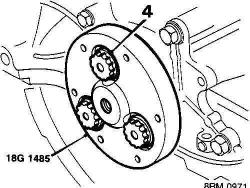 Diagram showing tool 18G 1485 securing a flywheel/drive plate to the crankshaft with callout number 4