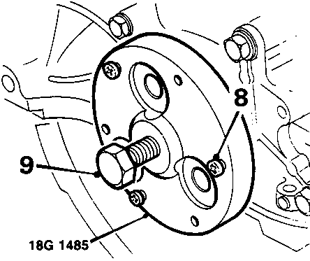 Diagram showing tool 18G 1485 fitted to crankshaft with callout numbers 8 and 9