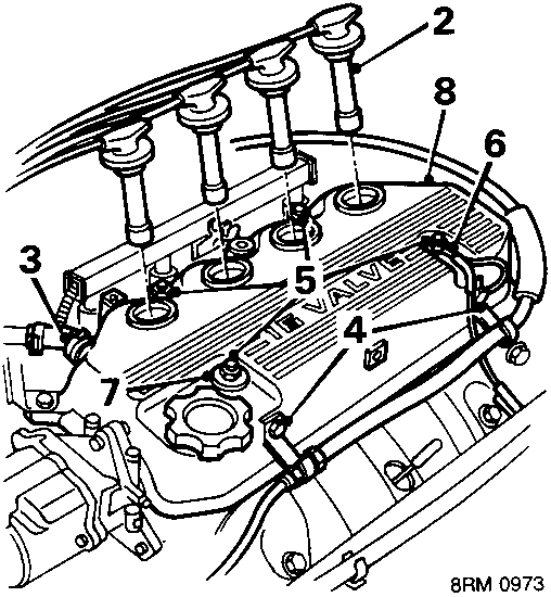 Diagram of camshaft cover showing numbered components 2, 3, 4, 5, 6, 7, 8