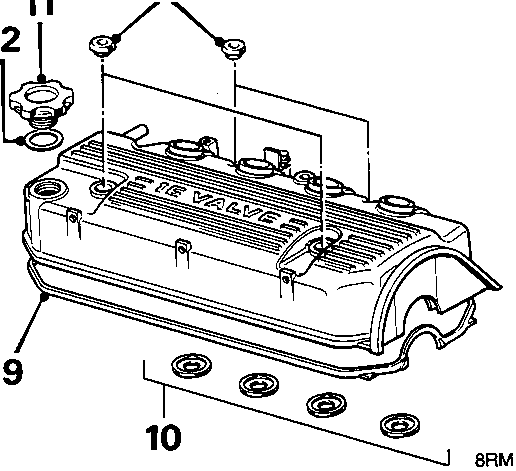 Diagram of removed camshaft cover with gasket, oil filler cap, and sealing rings labelled 9, 10, 11, 12, 13