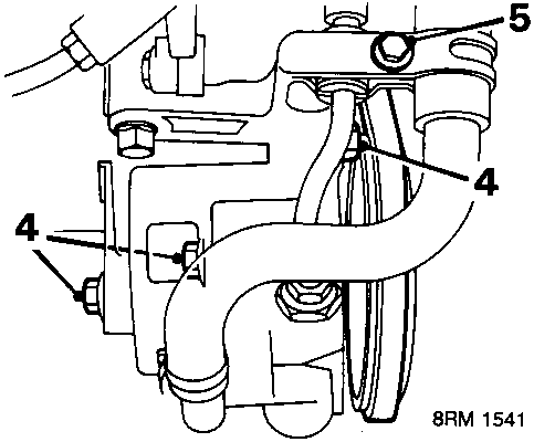 Diagram showing power steering pump, bolts securing pump to bracket, and bolt securing power steering pipe clamp