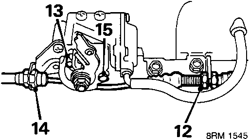 Diagram showing throttle cable lock nut, end of throttle cable in bracket, throttle linkage, and automatic gearbox throttle control cable at lever