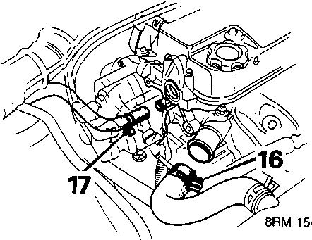 Diagram showing slackening clips and disconnecting top hose and heater hose from cylinder head
