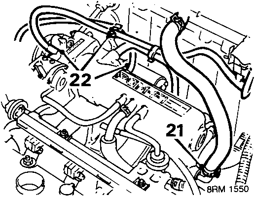 Diagram showing disconnecting brake servo vacuum hose from pipe, item 21; disconnecting air cleaner and MAP sensor hoses from inlet manifold and clip, item 22