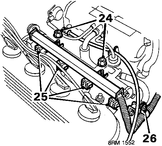 Diagram showing removal of nuts securing harness cover to inlet manifold, item 24; disconnecting 4 multiplugs from injectors, item 25; removing bolt, harness to bracket, item 26