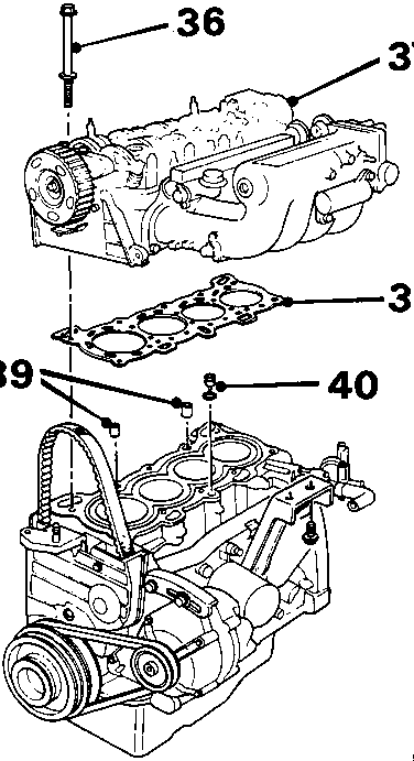 Exploded view of cylinder head assembly showing bolts, gasket, and oil control jet with callout numbers 36 through 40