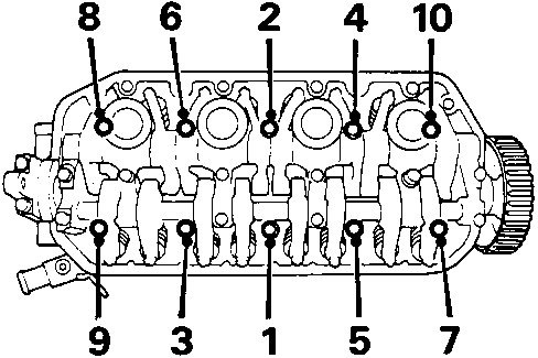 Cylinder head bolt tightening sequence diagram showing numbered positions 1 through 10