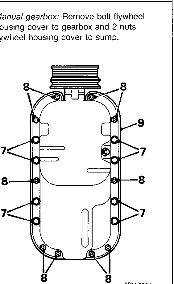 Diagram showing the oil sump gasket with numbered callouts indicating bolt locations (7 and 8) around the perimeter and nut locations (9) at the top.