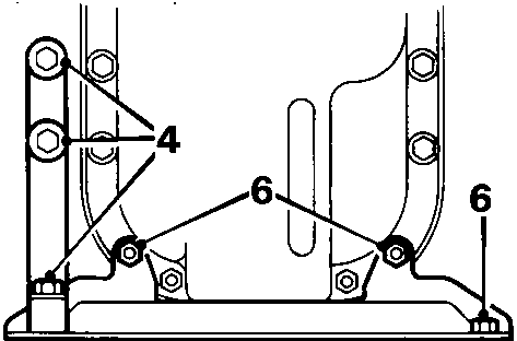 Diagram showing the anti-beaming bracket (callout 4) and exhaust front pipe (callout 6) attached to the gearbox and cylinder block area of the engine sump.