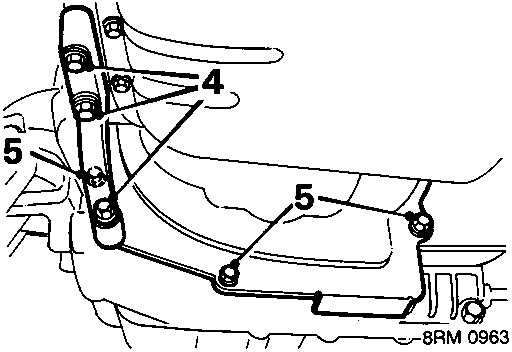 Diagram showing the anti-beaming bracket (callout 4), drive plate cover (callout 5), and exhaust front pipe (callout 6) attached to the gearbox and cylinder block area of the engine sump.