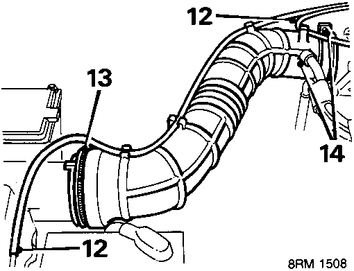 Diagram showing vacuum pipe and intake trunking connections with callout numbers 12, 13, and 14