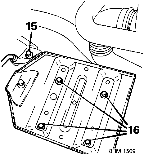 Diagram showing ABS pipe and battery tray mounting with callout numbers 15 and 16