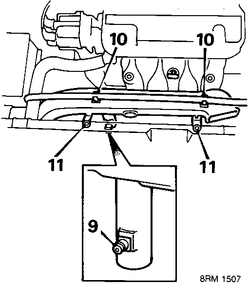 Diagram showing air duct and expansion tank hose connections with callout numbers 9, 10, and 11