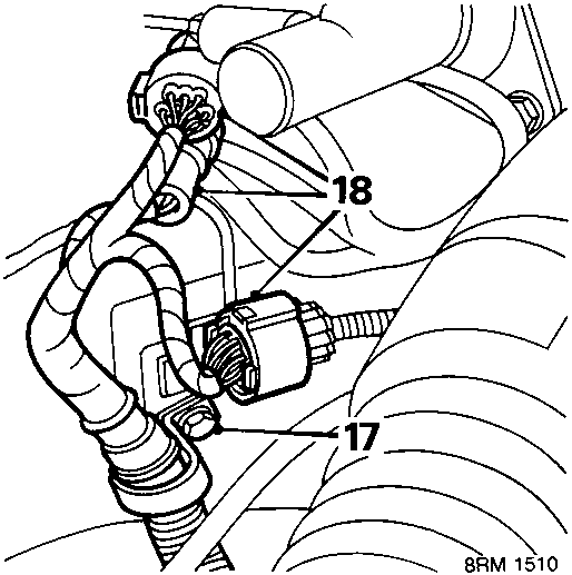 Diagram showing engine harness retaining strap and multiplug connections with callout numbers 17 and 18
