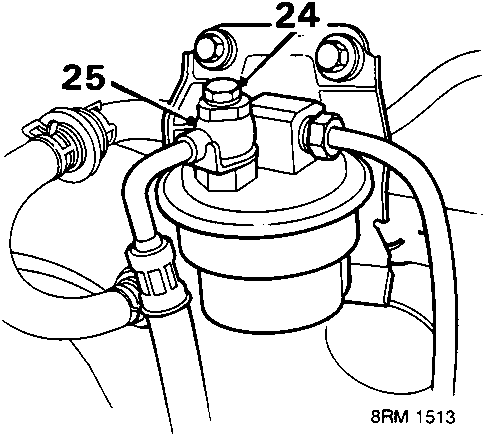 Diagram showing fuel filter with sealing bolt (24) and banjo bolt (25)