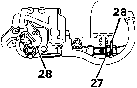 Diagram showing throttle cable locknut (27) and bracket connection point (28)