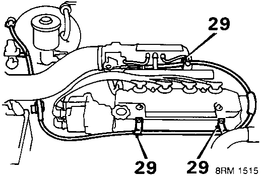 Diagram showing throttle cable retained by three clips (29) on intake manifold