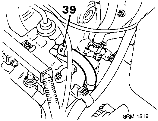Diagram showing fuel return hose connection to fuel rail, with callout number 39.