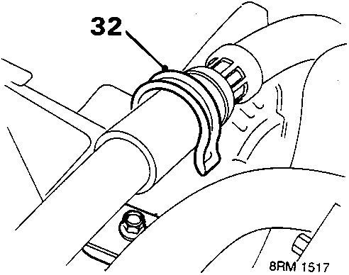 Diagram showing release of power steering hose from clip, with callout number 32.