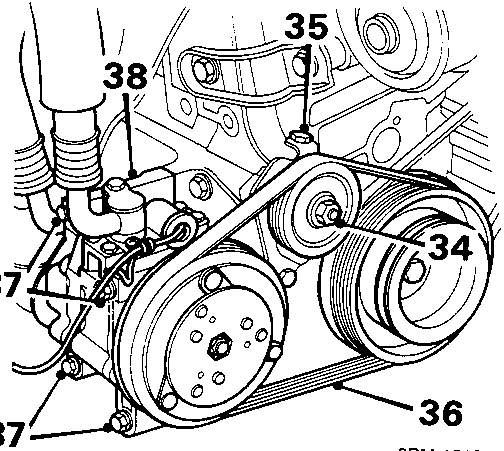 Diagram showing air conditioning compressor, tensioner pulley, and drive belt, with callout numbers 34, 35, 36, 37, and 38.