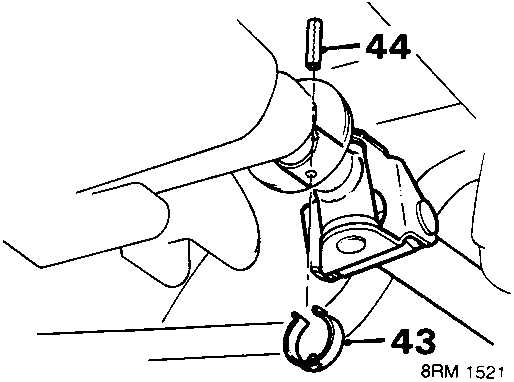 Diagram showing selector rod roll pin and retaining clip, with callout numbers 43 and 44.
