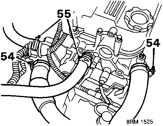 Diagram of engine coolant and heater hose connections with callout numbers 54 and 55 pointing to clips and hoses