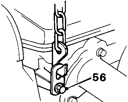 Diagram showing lifting bracket fitted to cylinder head with a spacer and bolt, callout number 56