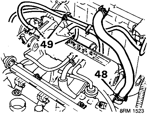 Diagram of engine inlet manifold area with callout numbers 49 and 48 pointing to vacuum pipes and hoses