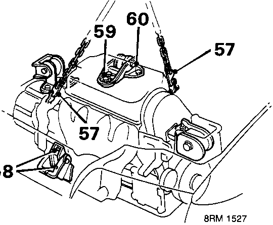 Diagram of engine and gearbox suspended by lifting chains attached to brackets, with callout numbers 57, 58, 59, and 60