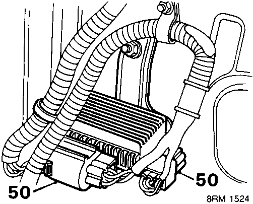 Diagram showing engine wiring harness multiplugs with callout number 50 pointing to retaining brackets and connectors
