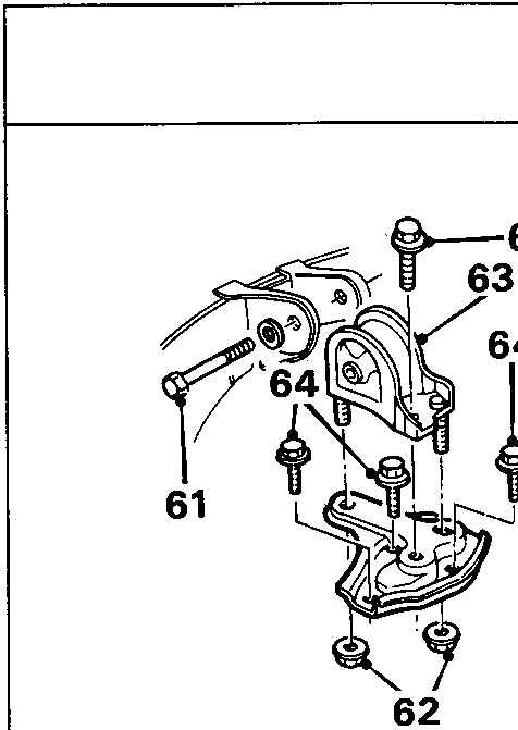 Diagram of engine mounting brackets and bolts with callout numbers 61, 62, 63, 64