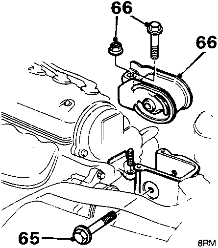 Diagram of left-hand engine mounting bracket and bolts with callout numbers 65, 66