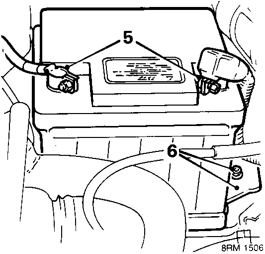 Diagram showing the vehicle battery with callout numbers 5 and 6 indicating battery leads and clamp bolt locations