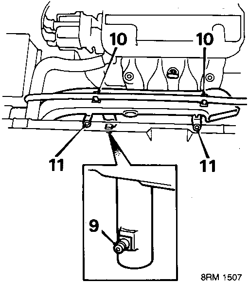 Diagram showing the underside of the engine area with callout numbers 9, 10, and 11 indicating the air duct, expansion tank hose clips, and securing bolts
